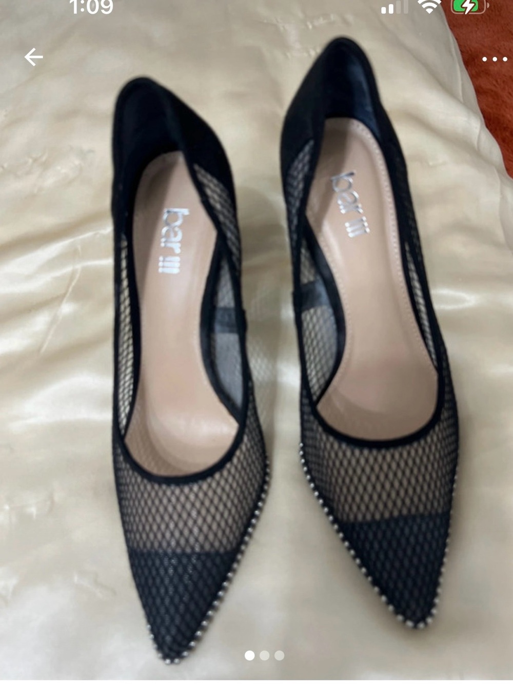Pointed Black Mesh Heels with Studded Trim